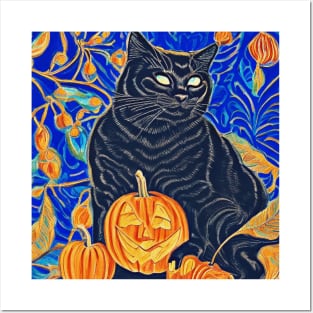 Retro Black Cat And Jack O Lantern Posters and Art